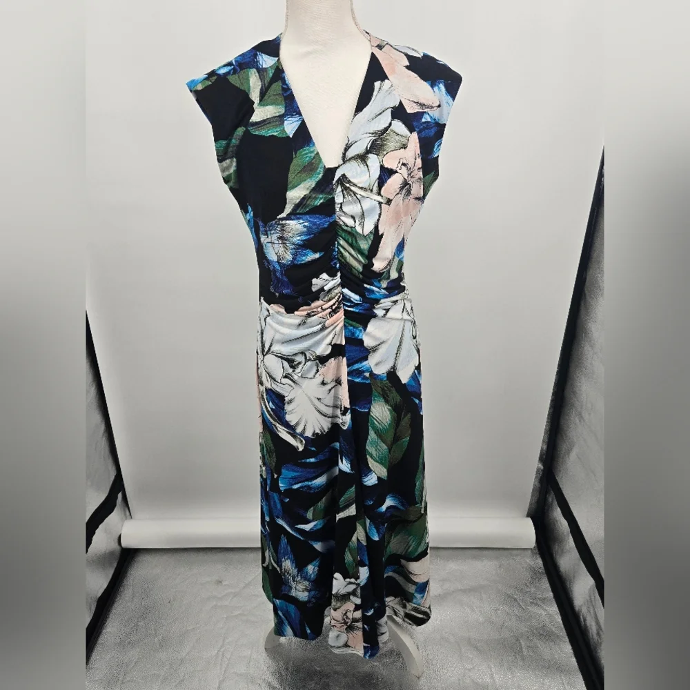 WHBM Green Blue Floral Midi Dress with Front Gathering Medium NWT 6280